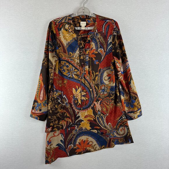 Chico's Tops - CHICO'S WOMEN'S PAISLEY PRINT ASYMMETRICAL LACE-UP TUNIC BLOUSE MULTICOLOR 1/M 8